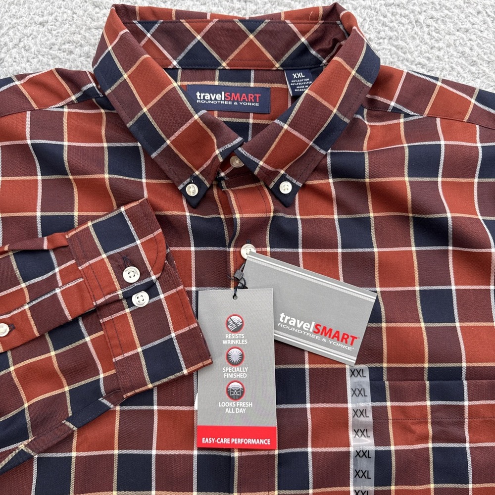 Roundtree & Yorke travelSMART Shirt Mens XXL Rust Blue Plaid NWT Wrinkle Resist